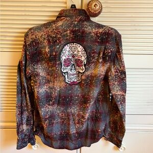 Angry Minnow Skull Patch Bleached Flannel Shirt, Small